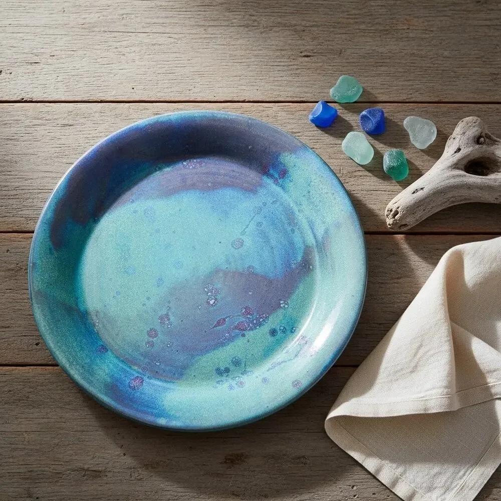 Studio Art Pottery Platter-Signed Blue Purple Green-Iridescent Ceramic-Coastal